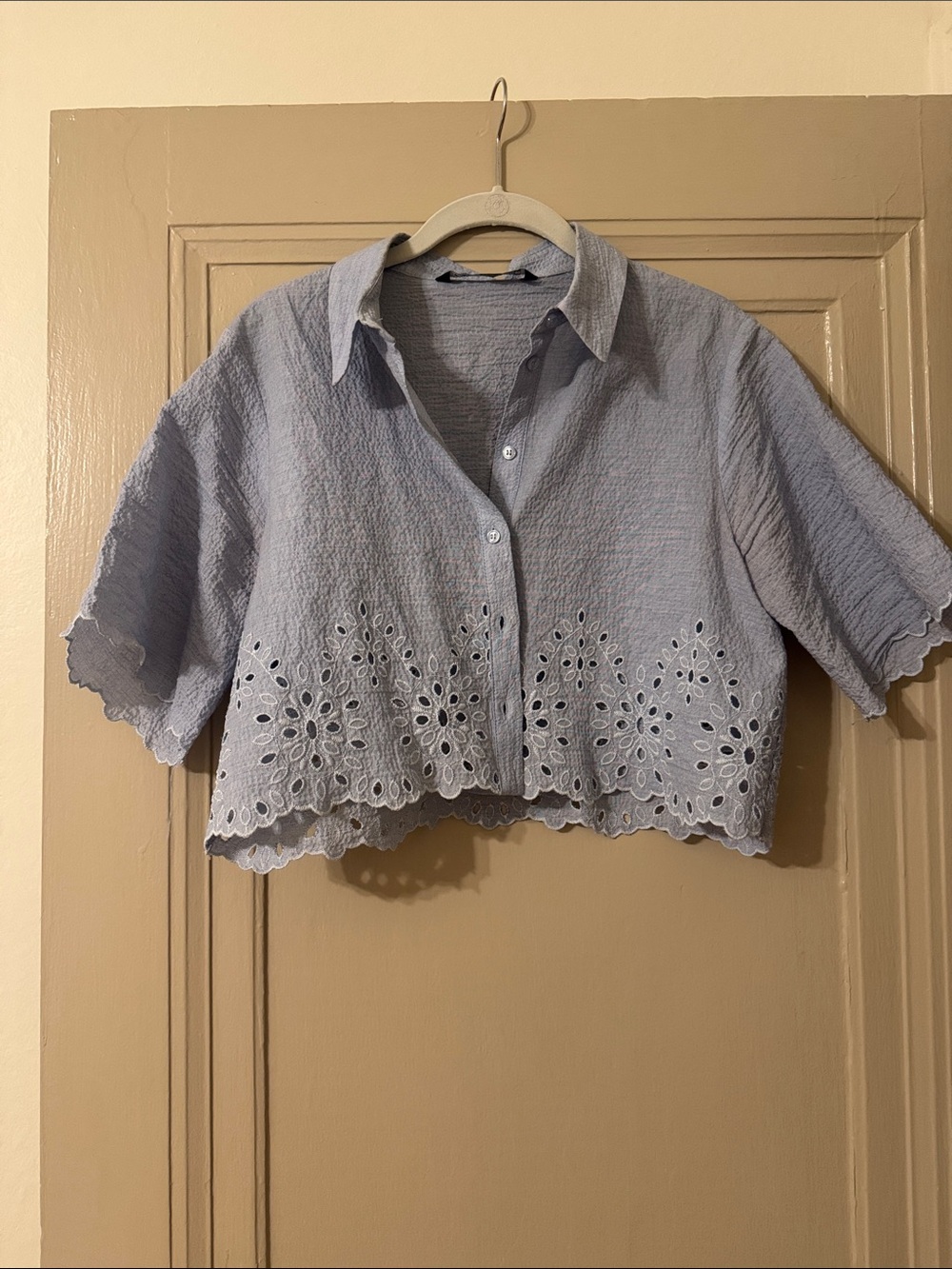 Zara Light Blue Eyelet Cropped Button-Up Top